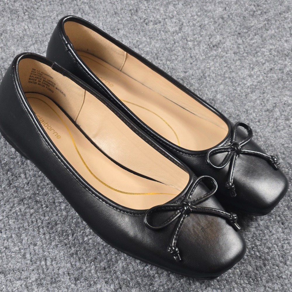 Liz Claiborne Flushing Ballet Flats Womens 5 Black Square Toe Bow Memory Foam